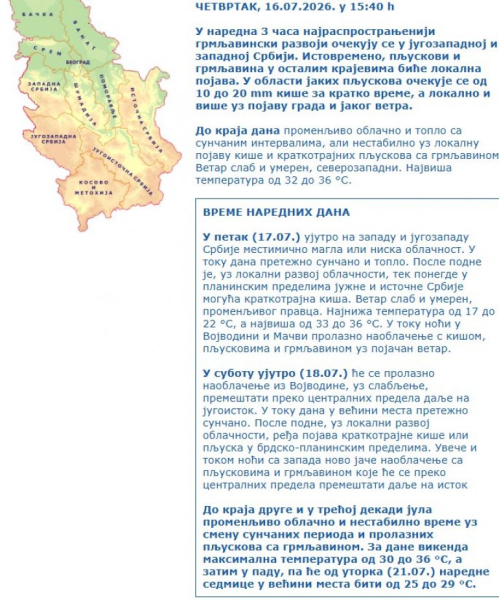 RHMZ: U naredna 3 sata grmljavina u jugozapadnoj i zapadnoj Srbiji