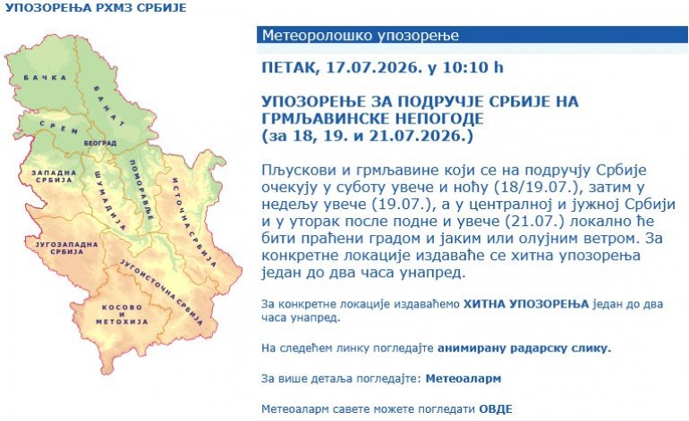 RHMZ: Upozorenje za područje Srbije na grmljavinske nepogode