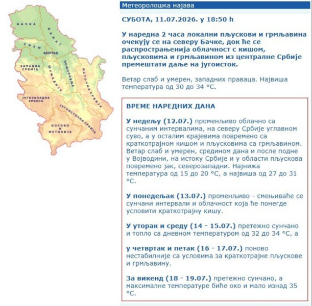 U NAREDNA DVA SATA STIŽU PLJUSKOVI SA GRMLJAVINOM Hitno se oglasio RHMZ: Ovi delovi zemlje prvi na udaru (FOTO)